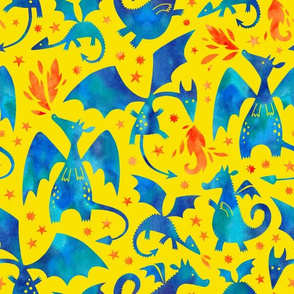 Fire dragons in blue watercolors on yellow