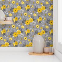 Vintage Antique Floral Flowers Cool Yellow on Grey
