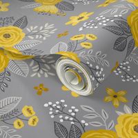 Vintage Antique Floral Flowers Cool Yellow on Grey