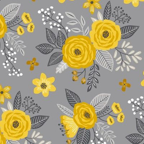 Vintage Antique Floral Flowers Cool Yellow on Grey