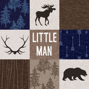 Little Man Quilt - Navy and Tan - Moose Bear Antlers Arrows Woodland Forest