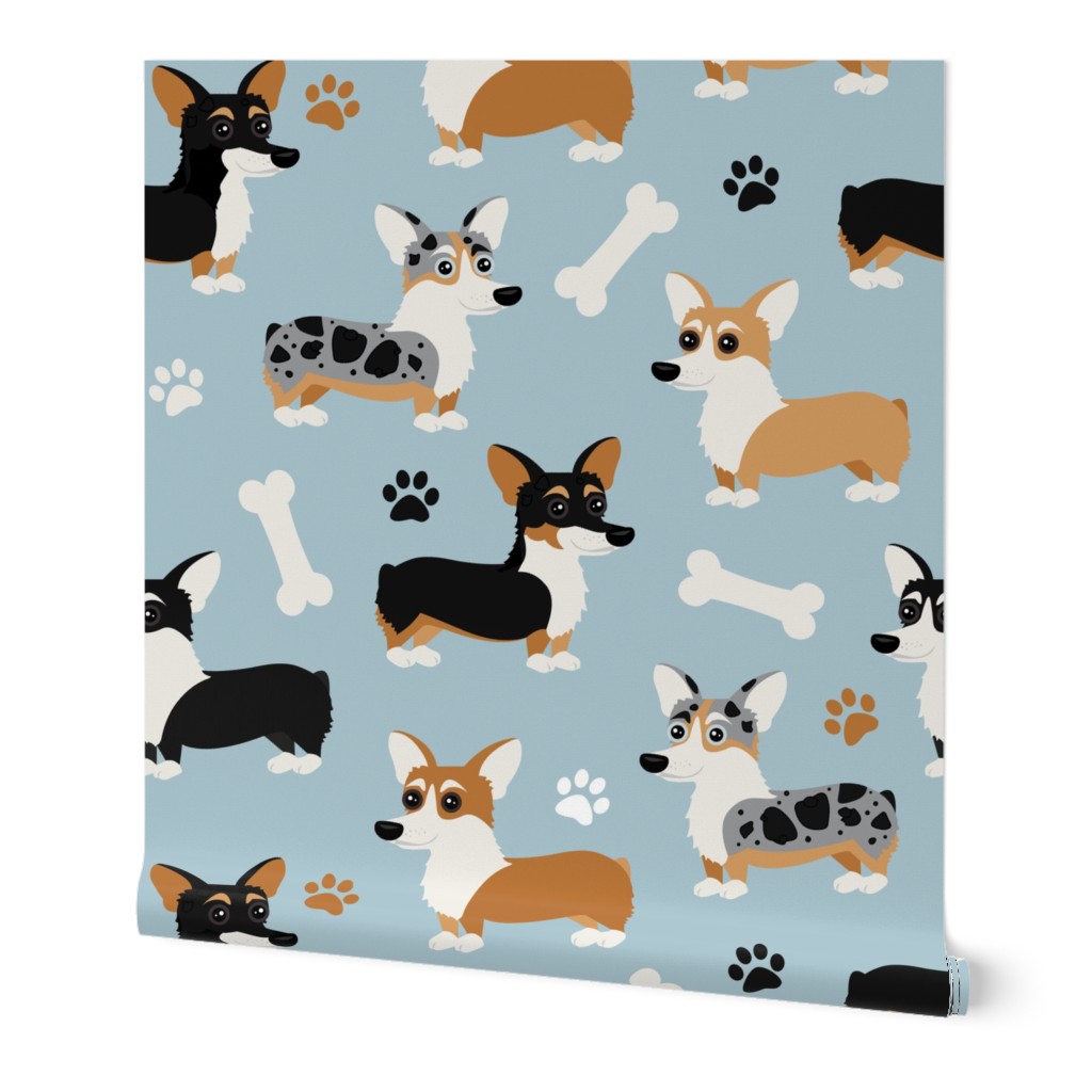 Corgi Dogs Blue Wallpaper | Spoonflower