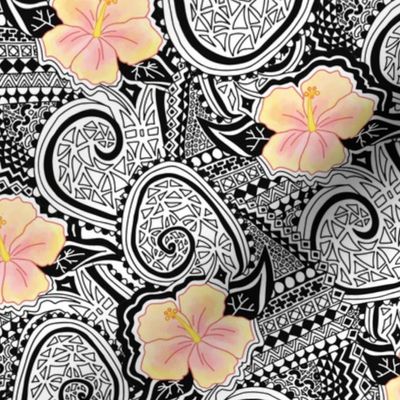 Hibiscus Tribal. Yellow and orange hibiscus flowers on a black and white tribal. Ethnic pattern. Tattoo pattern. Hawaiian print.