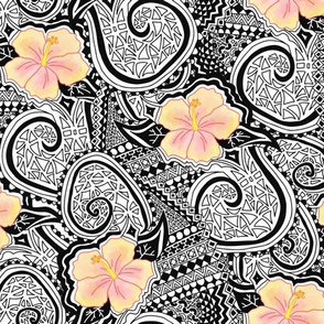 Hibiscus Tribal. Yellow and orange hibiscus flowers on a black and white tribal. Ethnic pattern. Tattoo pattern. Hawaiian print.