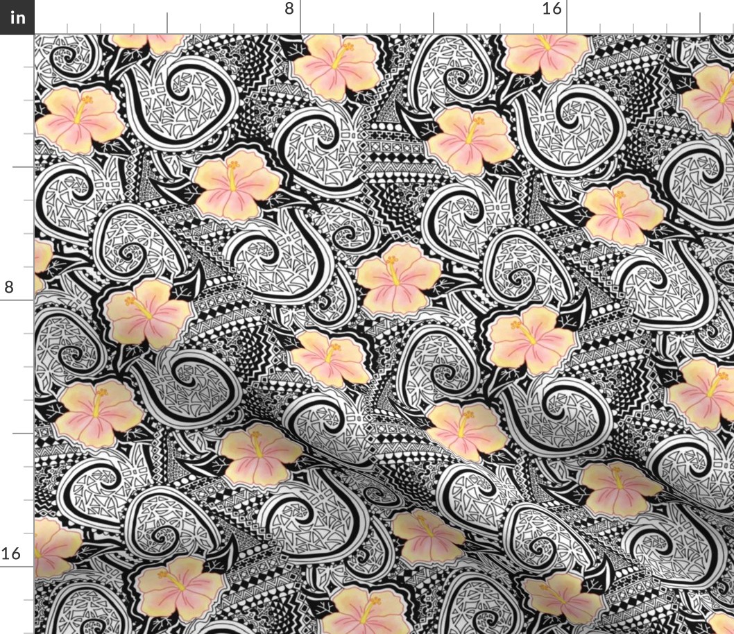 Hibiscus Tribal. Yellow and orange hibiscus flowers on a black and white tribal. Ethnic pattern. Tattoo pattern. Hawaiian print.