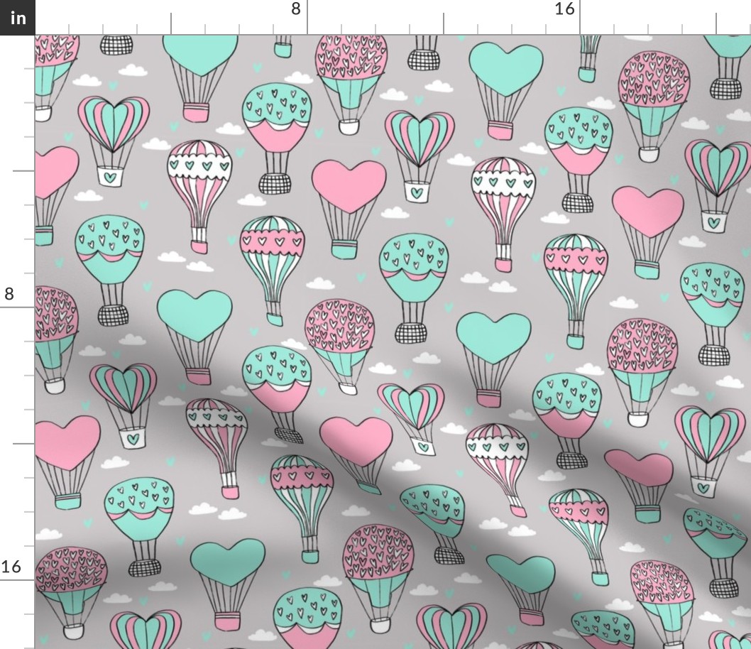 valentines hot air balloon // cute hearts balloons fabric nursery baby grey