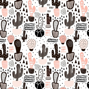 Cactuses in pots and hand drawn textures