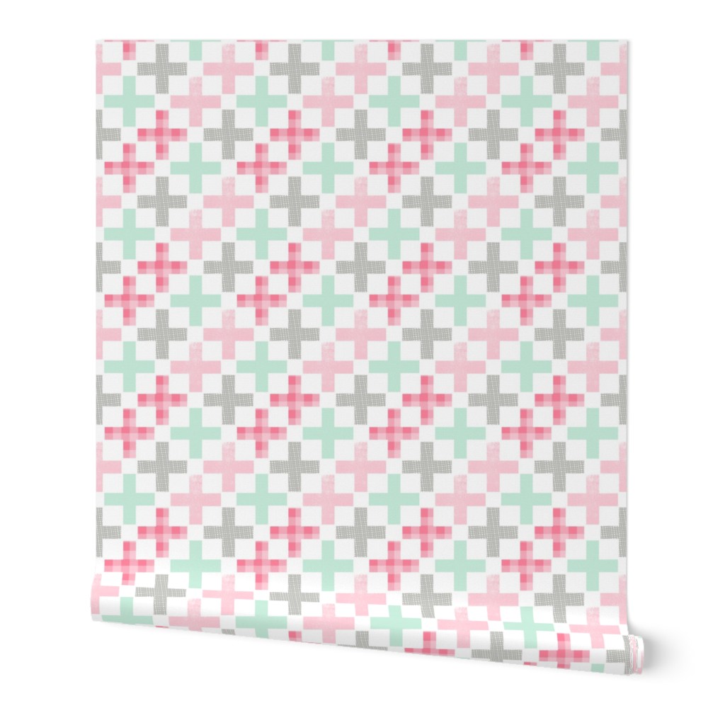 swiss crosses forest camping woodland nature nursery fabric pink white mint