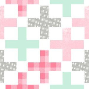 swiss crosses forest camping woodland nature nursery fabric pink white mint