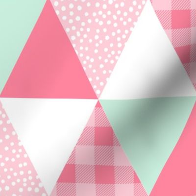 triangle cheater quilt coordinate for girls room nursery buffalo plaid pink and mint