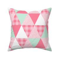 triangle cheater quilt coordinate for girls room nursery buffalo plaid pink and mint