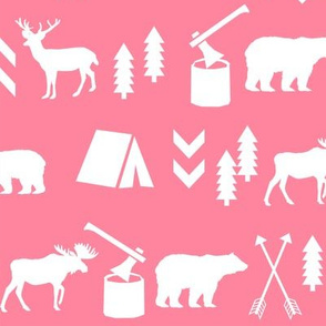 deer and bear camping tent nursery girls fabric pink and white