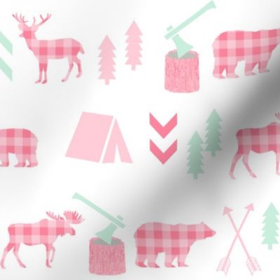 deer and bear camping tent nursery girls fabric pink plaid