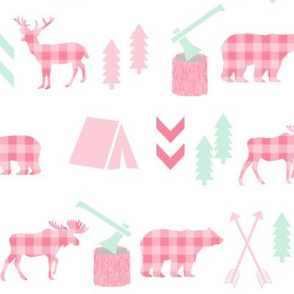 deer and bear camping tent nursery girls fabric pink plaid