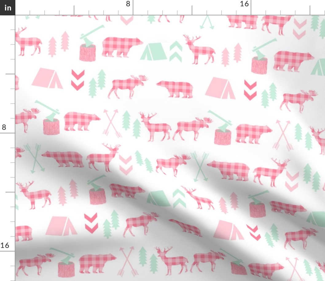 deer and bear camping tent nursery girls fabric pink plaid