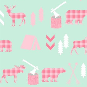 deer and bear camping tent nursery girls fabric mint