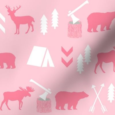 deer and bear camping tent nursery girls fabric pink
