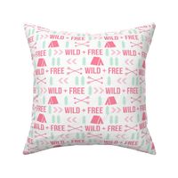 wild and free typography camping tent arrows fabric white pink and mint