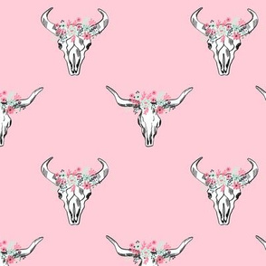 Deer skull antlers seer head woodland nature nursery florals fabric pink