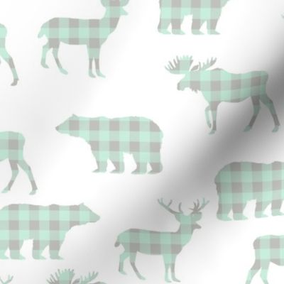 bear and deer silhouette buffalo plaid cute fabric for girls room or nursery mint