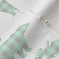 bear and deer silhouette buffalo plaid cute fabric for girls room or nursery mint