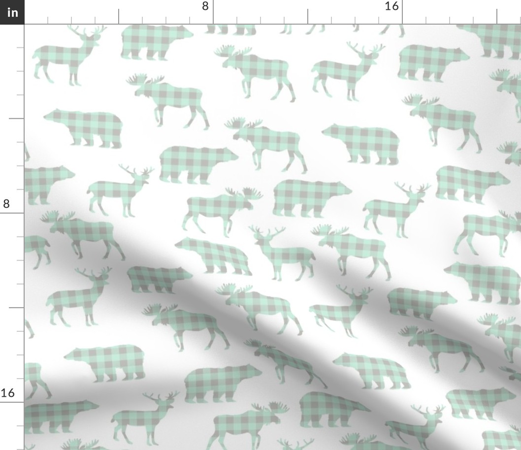 bear and deer silhouette buffalo plaid cute fabric for girls room or nursery mint