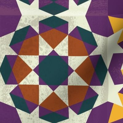 Eight pointed star - terracotta, purple and mustard- large scale