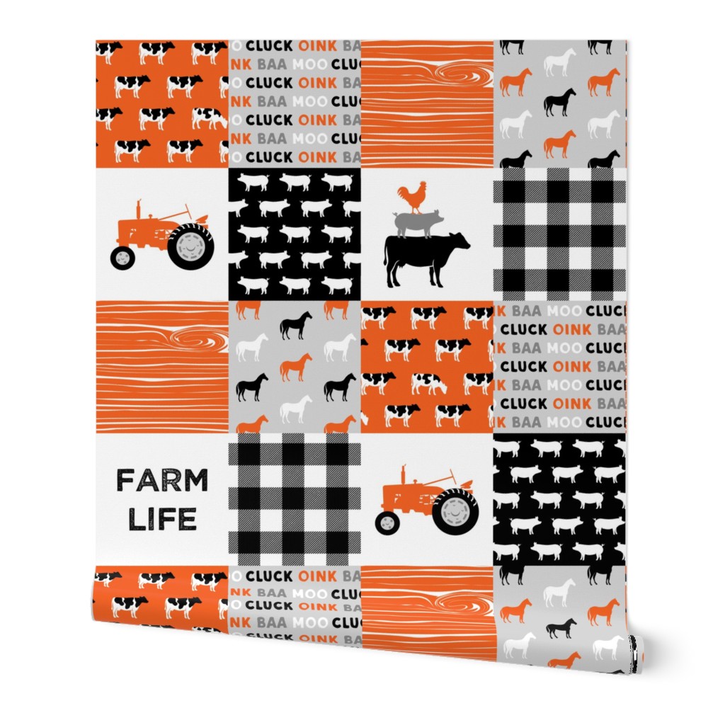 farm life wholecloth - patchwork farming fabric - tractor orange and black 