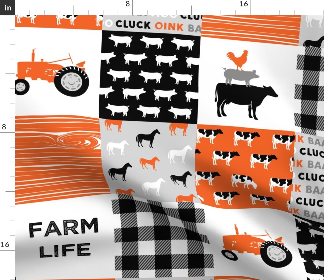 farm life wholecloth - patchwork farming fabric - tractor orange and black 