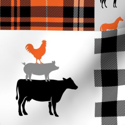 farm wholecloth - farm fabric - patchwork fabric - tractor orange and black