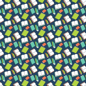 Book Pattern in Blue, Green, and Coral on Navy