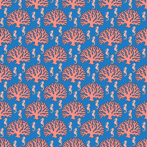 Seahorses and Coral in Pink on Blue