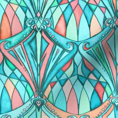 Aqua, Mint and Peach Art Deco Pattern