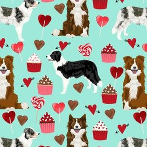 border collie mixed coats valentines day cupcakes love hearts dog fabric blue