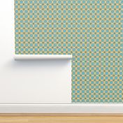 Yellow, turquoise and gold connected linked squares