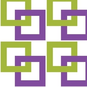 Purple, kiwi green connected squares on white