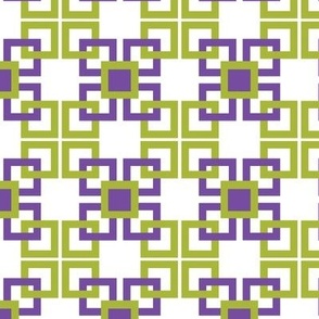 Purple and kiwi green connected, linked squares on white