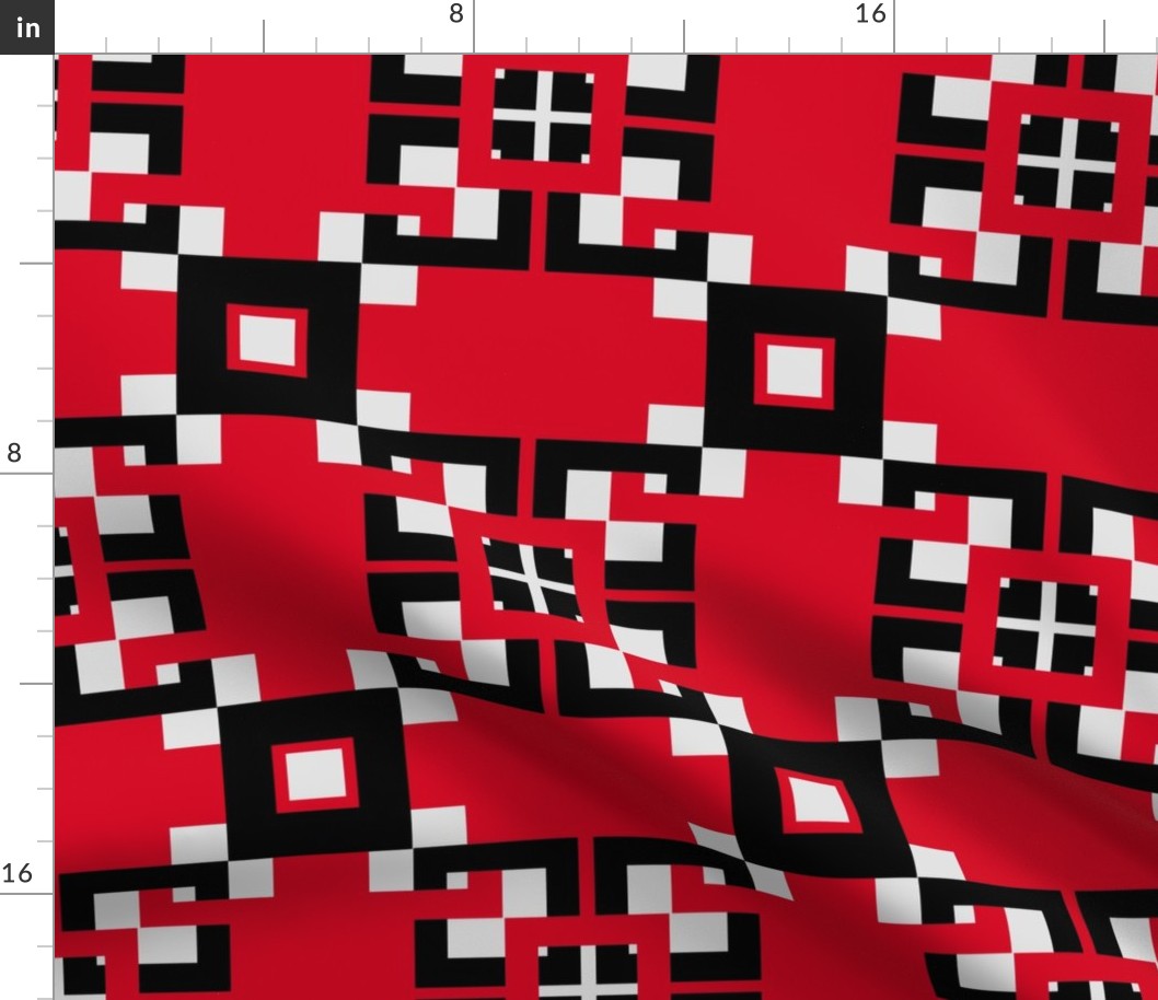 Red with black and gray blocks and lines