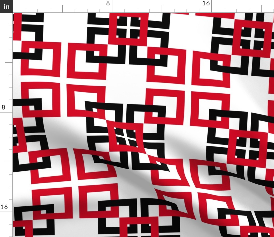 black and red connected squares on white