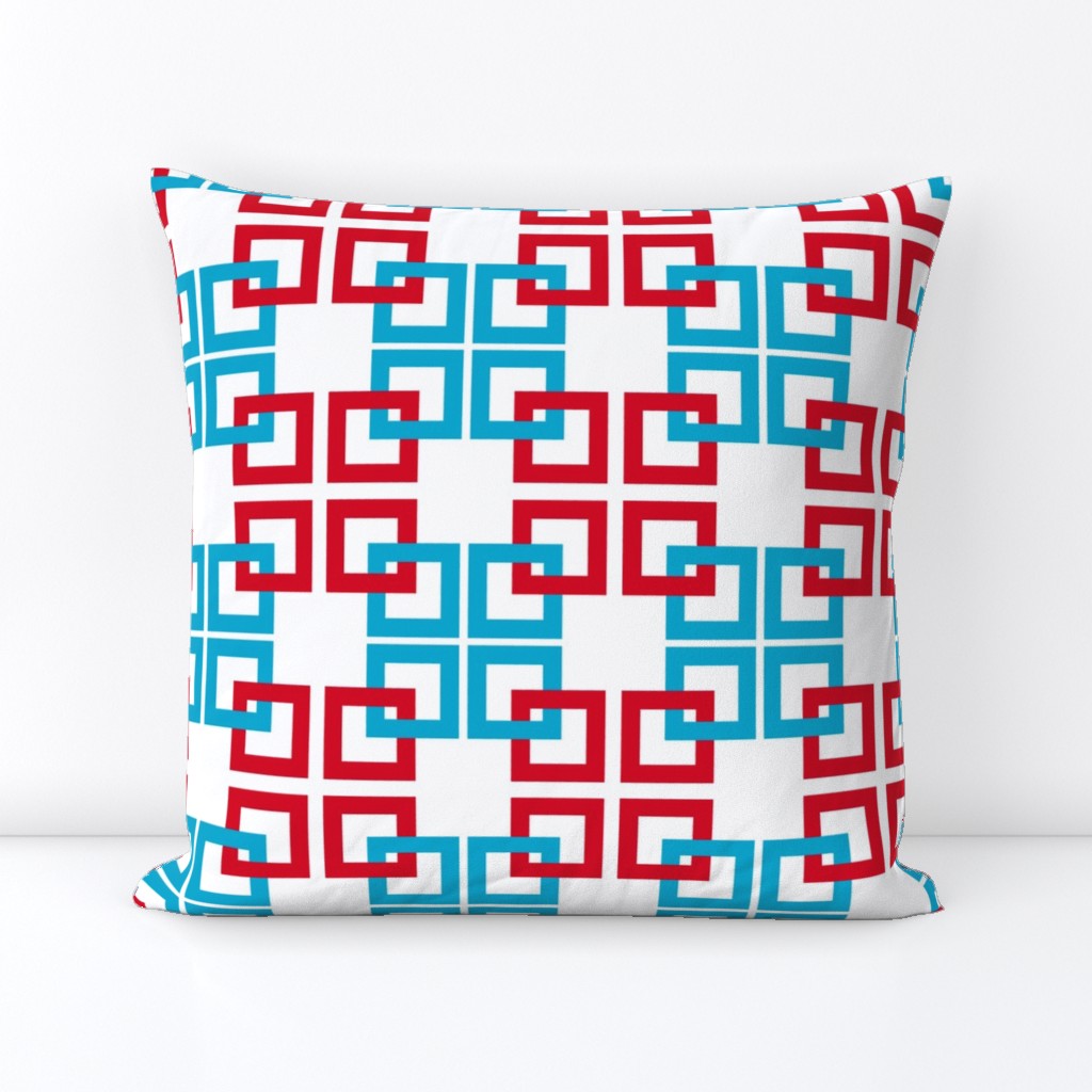 Red, white, turquoise blue interlocking squares 4