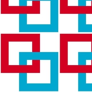 Red, white, turquoise blue interlocking squares 1