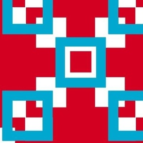 Red, white, turquoise blue interlocking squares series