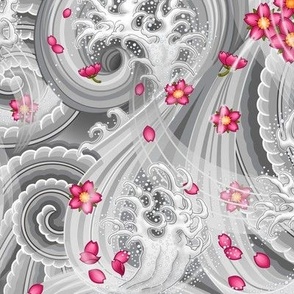 ★ SAKURA ★ Pink Cherry Blossom Spring Japanese Tattoo / Light Gray - Large Scale / Collection : Irezumi - Japanese Tattoo Prints