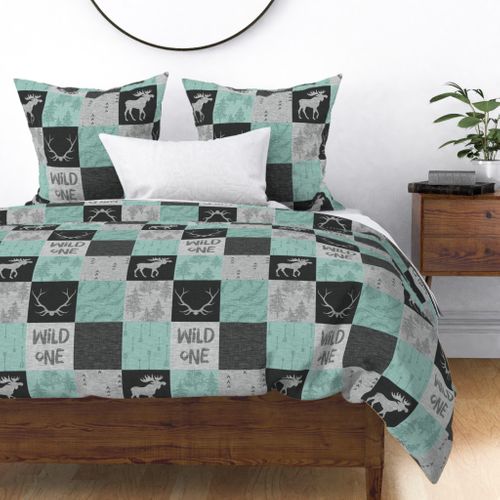 Wild One Quilt - Mint,Black, And Grey - Moose Bear Antlers