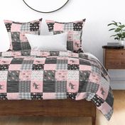 Pink Moose Wholecloth Patchwork squares - ROTATED- pink and grey, buffalo check, woodgrain, wild and free