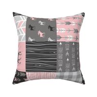 Pink Moose Wholecloth Patchwork squares - ROTATED- pink and grey, buffalo check, woodgrain, wild and free