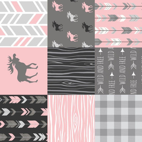 Pink Moose Wholecloth Patchwork squares - ROTATED- pink and grey, buffalo check, woodgrain, wild and free