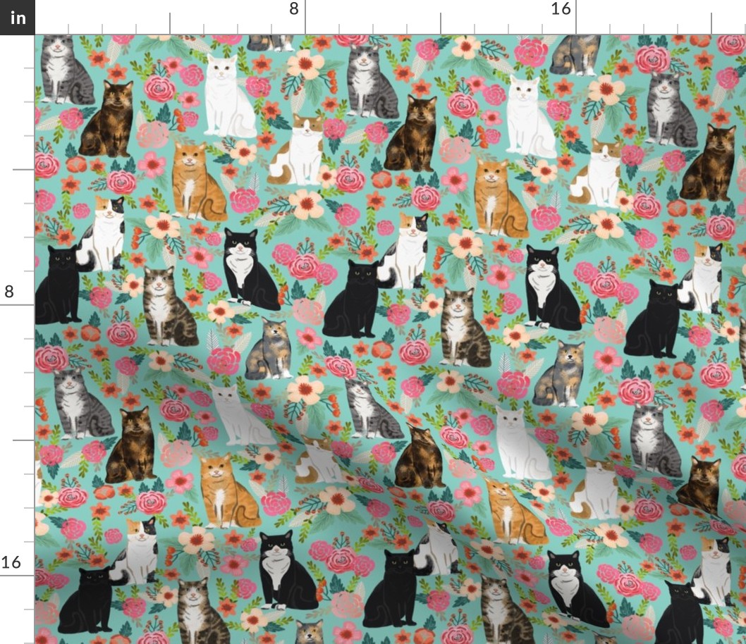 cat florals mixed breeds pet fabrics  mint