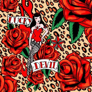 Red leopard roses with lucky devil pinups and swallows