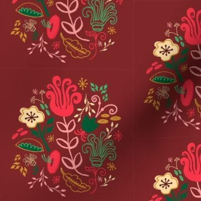 Maroon Vintage Floral Smaller Scale // Hand Drawn Funky Flowers Bright & Cheery